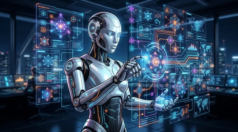 Agente de inteligencia artificial futurista interactuando con una interfaz holográfica compleja, representando el control visual y navegación con precisión de píxel.